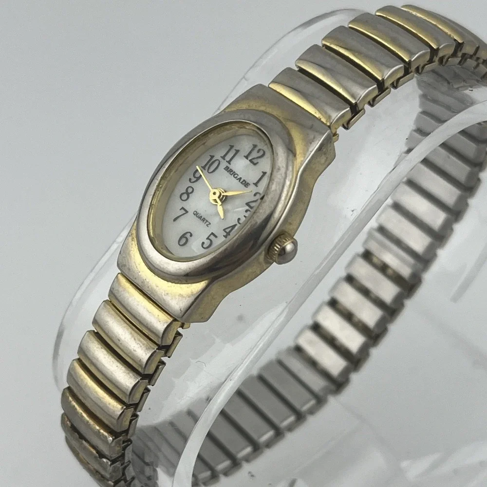 Vintage Brigade Watch Women 18mm Gold‎ Case Pearl Dial Stretch Band- New Battery